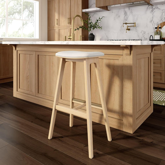 Plank+Beam Beryl Bar Height Stool - Mid-Century Modern Rubberwood Bar Stool with Faux Leather Seat, Metal Footrest, Easy Assembly, Blonde/Sesame