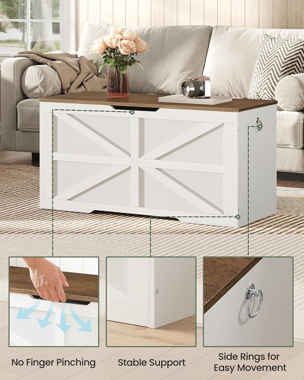 Storage Chest, 39.4" Wooden Storage Trunk, Modern Storage Bench with Safety Hinge, Toy Box, Farmhouse Style, for Bedroom, Living Room, Walnut and White MCW10WL