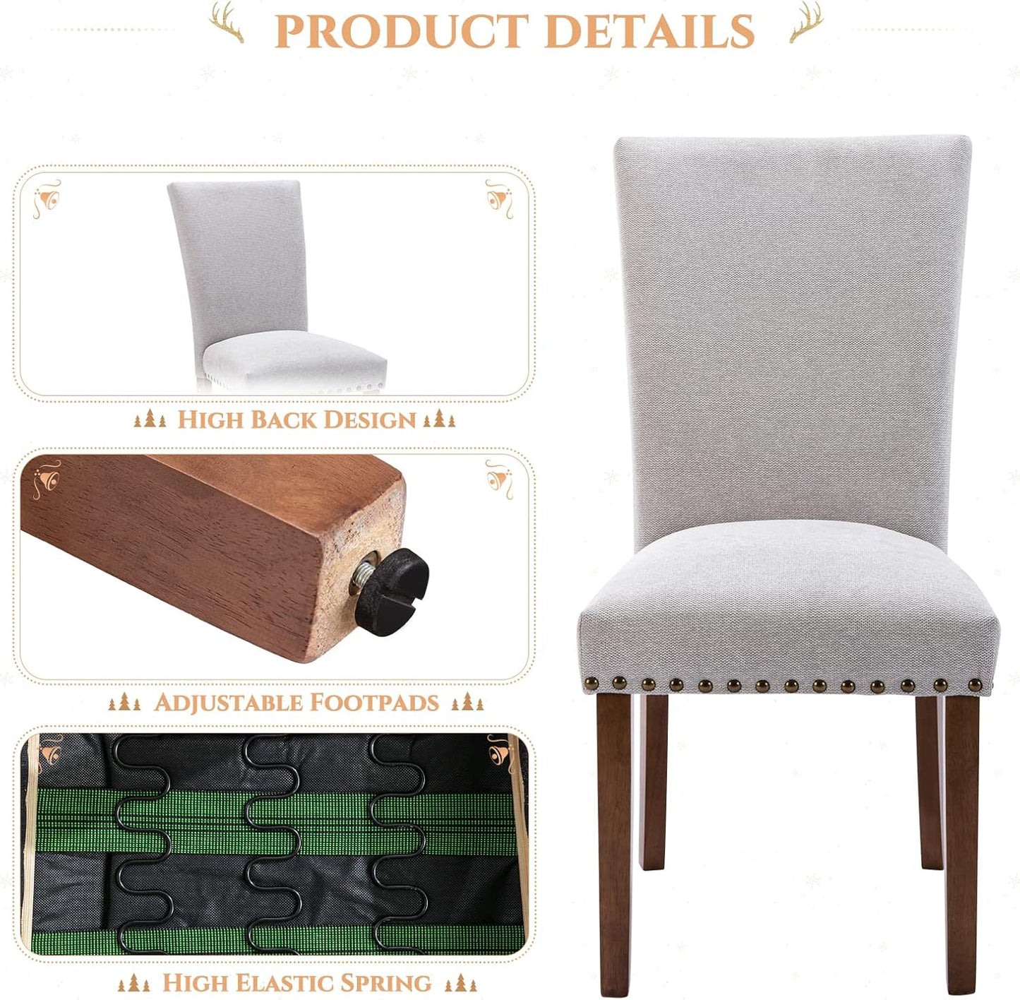 Parsons Dining Chairs Set of 6, Upholstered Nailhead Dining Room Kitchen Side Chair with Thick Cushions and Wood Legs, Light Grey