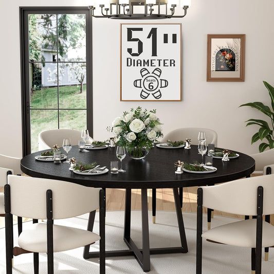 Black Round Dining Table for 6 - Modern Circle 51 Inch Large Room Kitchen Dinning Tables for 4 to 6 Person Seats Small Spaces Wood Dinner Mesa De Comedor Redonda