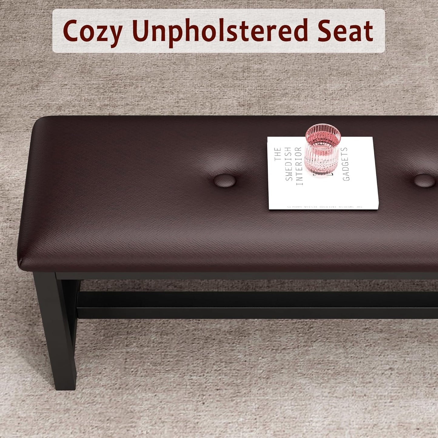 GarveeHome Dining Table Set for 4-6, 63" Extendable Wood Dining Room Table with Corner Protector & 2 Upholstered Benches, Kitchen Table Set for Apartment, Small Space, Easy Assembly, Retro Brown