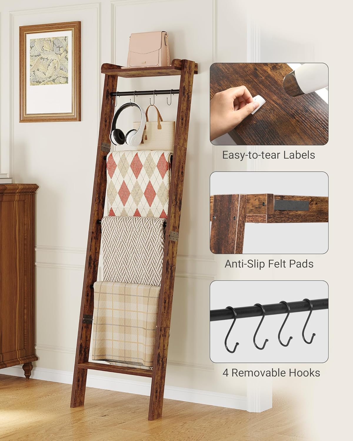 Blanket Ladder Shelf for Living Room, Decorative Quilt Rack with Storage Shelf, 6-Tier Farmhouse Ladder Holder Organizer with 4 Removable Hooks for Bedroom, Rustic Brown and Black BR35801B
