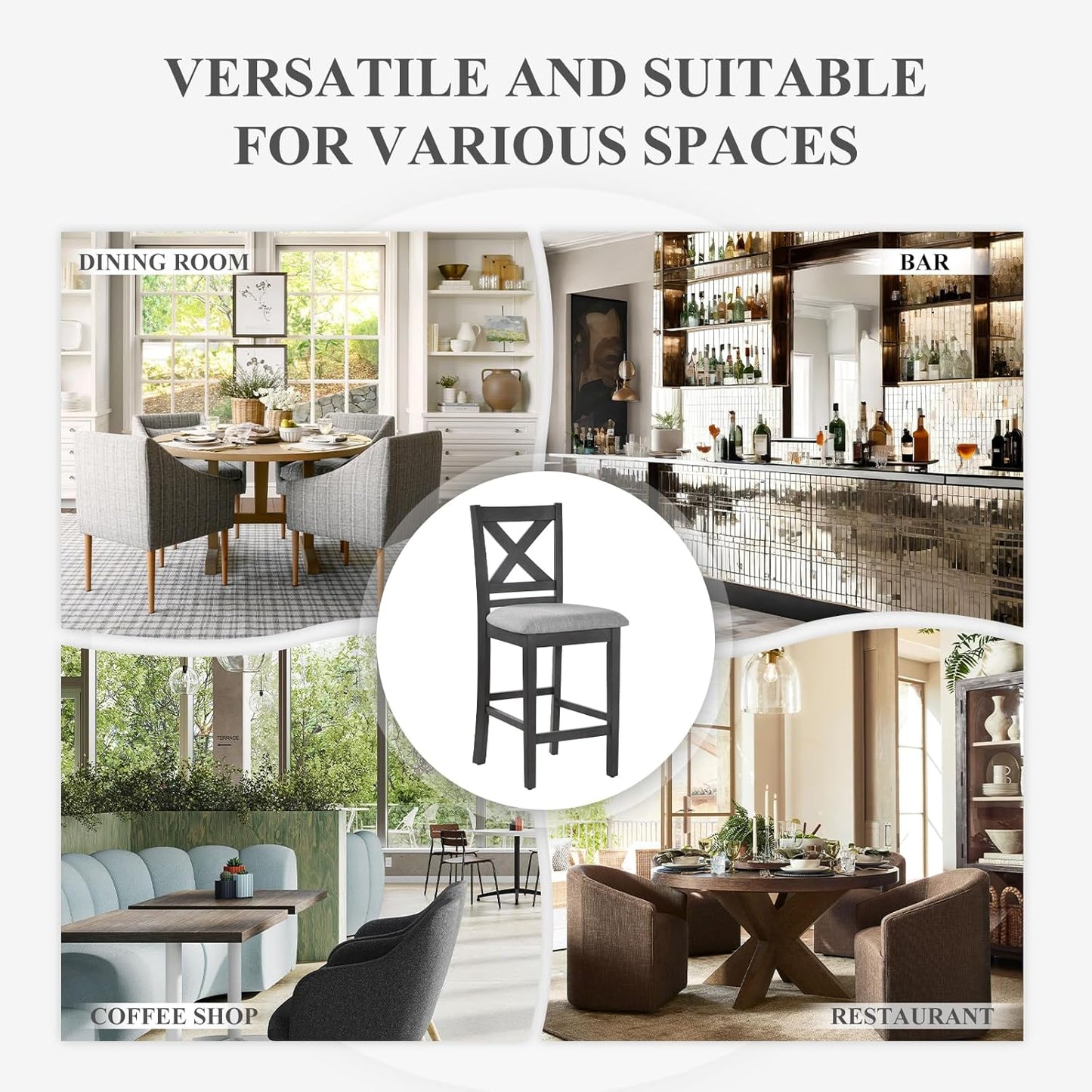 COLAMY Wooden Bar Stools Set of 4, Counter Height Bar Stools, Mid Century Modern Bar Stools with Backs, 25 Inch Upholstered Fabric Wooden Barstools for Kitchen Island Dining Room Bar, Dark Grey