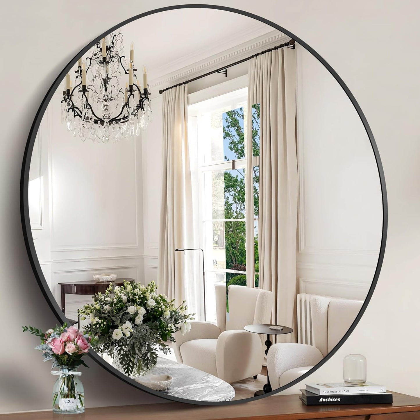 Black Round Mirror, 48" Wall Mounted Aluminum Alloy Frame - Large Round Mirror for Bathroom, Entryway, Living Room