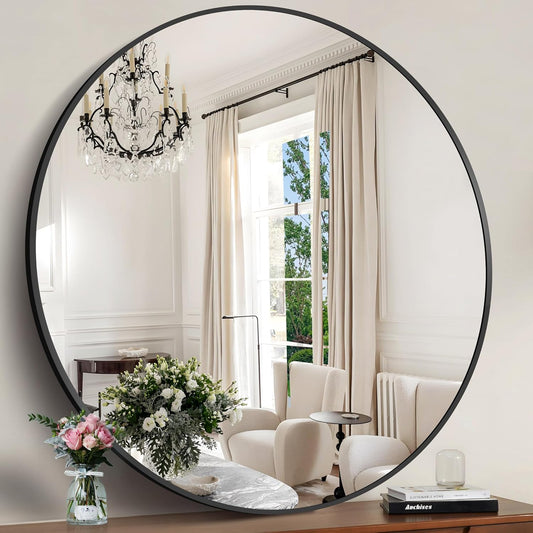 Black Round Mirror, 48" Wall Mounted Aluminum Alloy Frame - Large Round Mirror for Bathroom, Entryway, Living Room