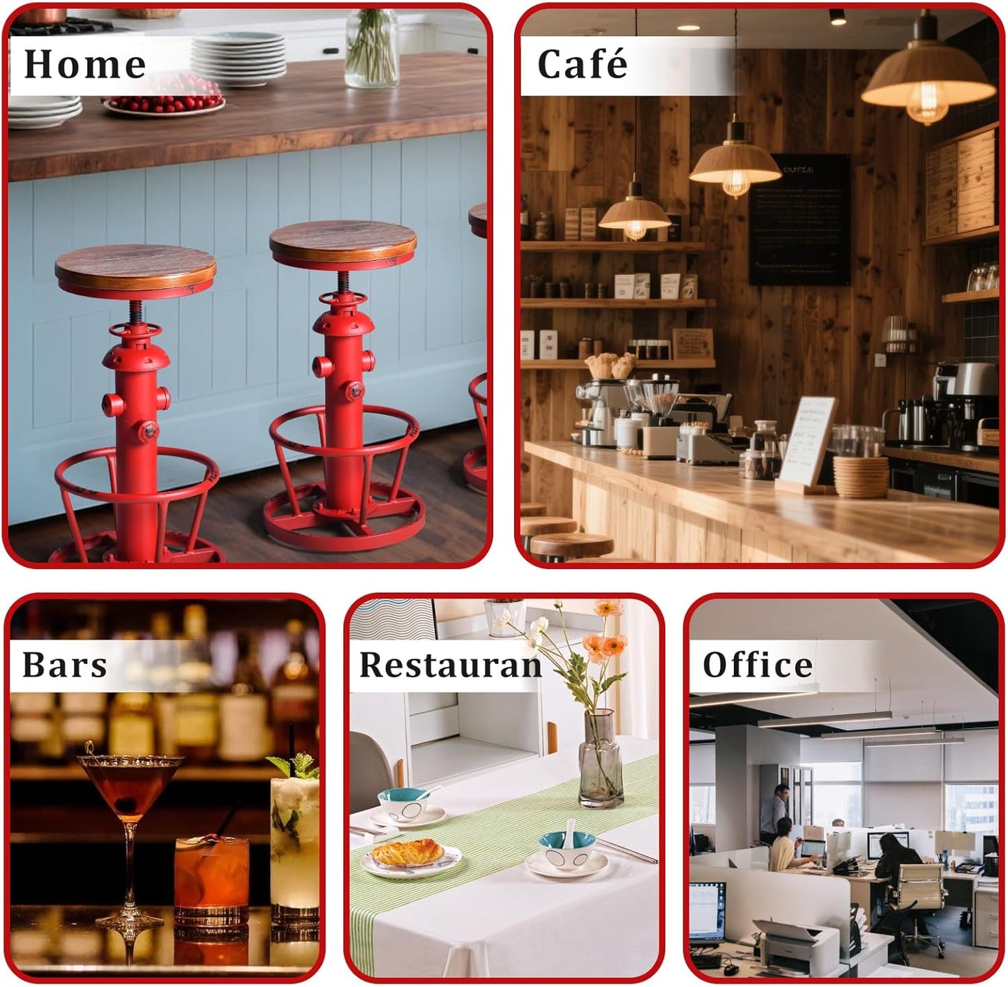 Topower Antique Industrial Round Bottom Adjustable Height Cafe Coffee Retro Vintage Stylish Water Pipe Design Pub Kitchen Bar Stool Antique Red