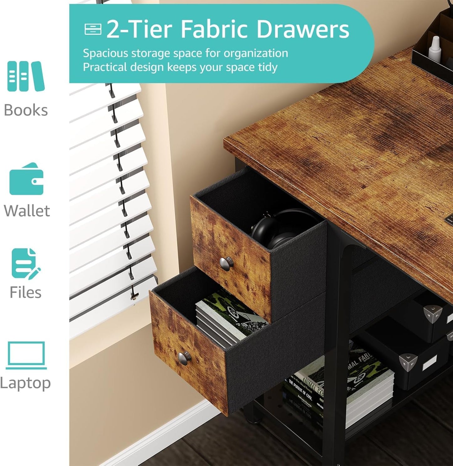 Lufeiya Computer Desk with Fabric Drawers, 47 Inch Desk for Small Space Home Office, Modern Simple Study Writing Table PC Desks for Bedroom, Rustic Brown