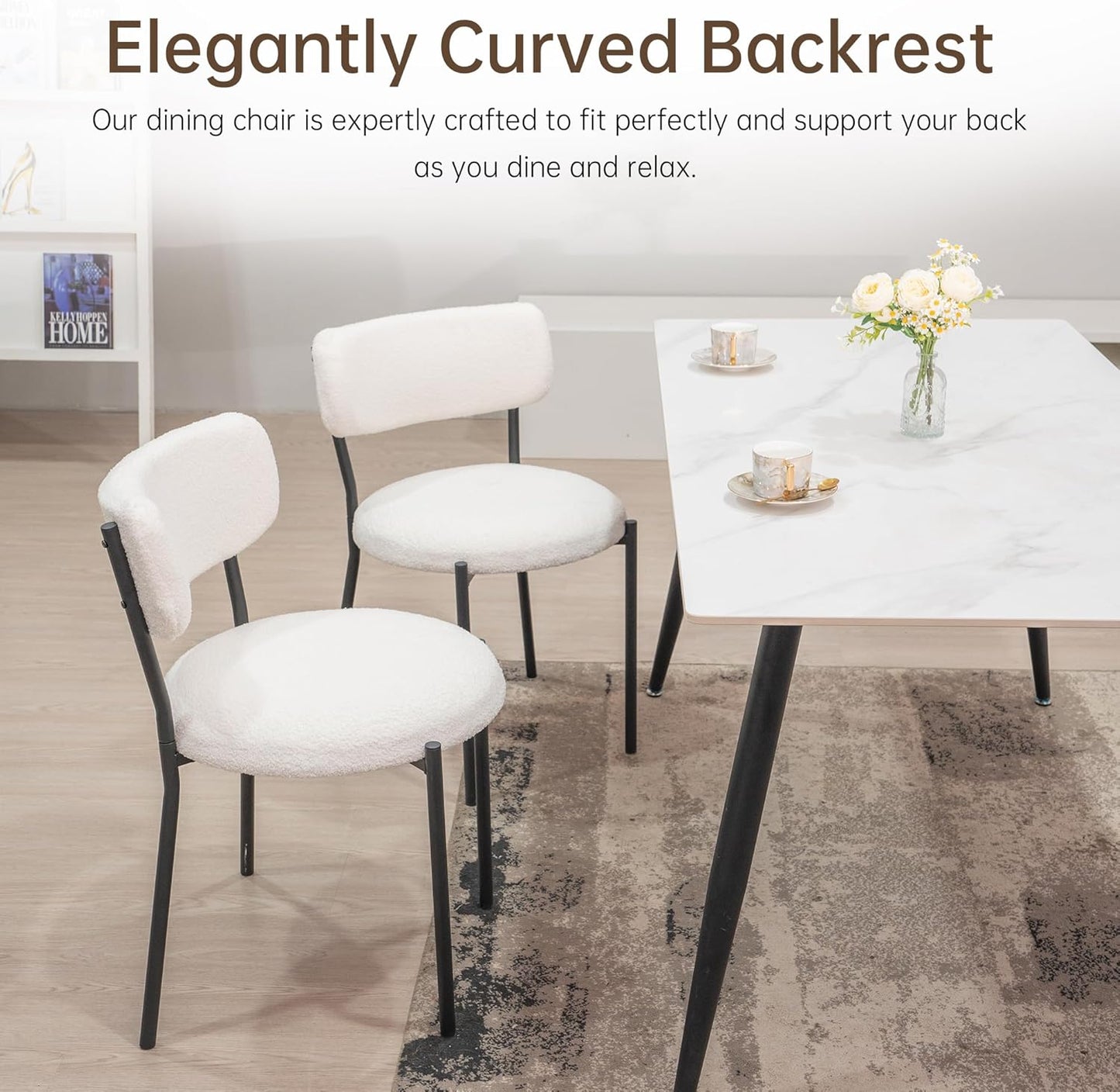 AWQM Dining Chairs Set of 2, Mid-Century Modern Kitchen Dining Room Chairs, Boucle Dining Chairs with Black Metal Legs for Kitchen, Living Room, White