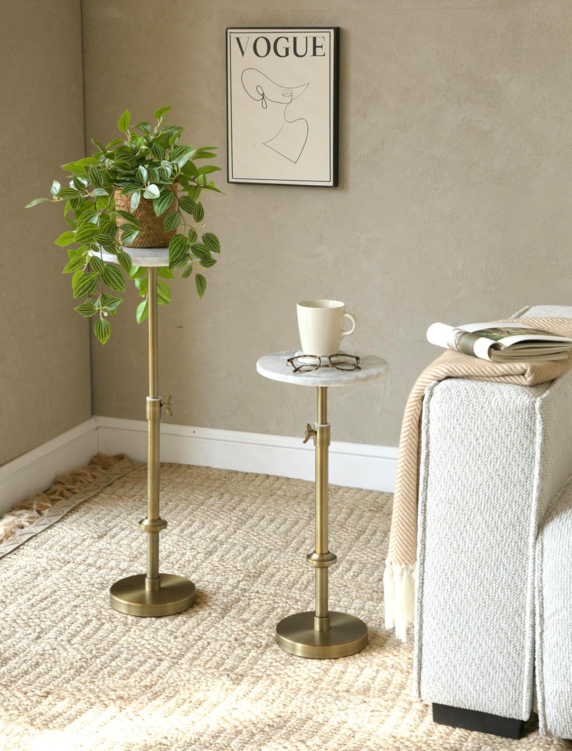 Adjustable-Height Marble Drink Table - 10x10x22-30, White Marble & Antique Brass, Modern Round End Table, Side Table with Pedestal Stand for Small Spaces, Vintage Metal Martini Cocktail Accent