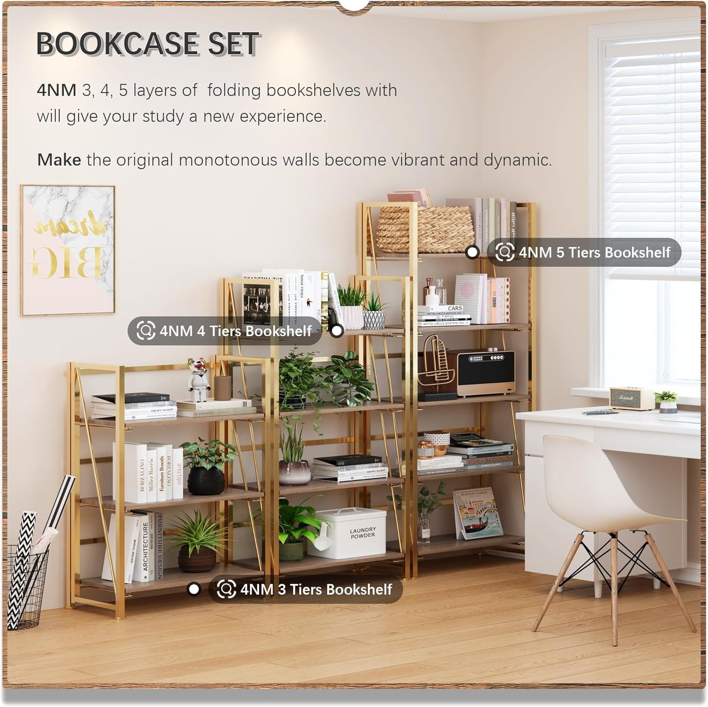 4NM No Assembly Folding Bookshelf, 5-Shelf 62.2" H Collapsible Foldable Bookcase Storage for Small Spaces, Brown and Golden