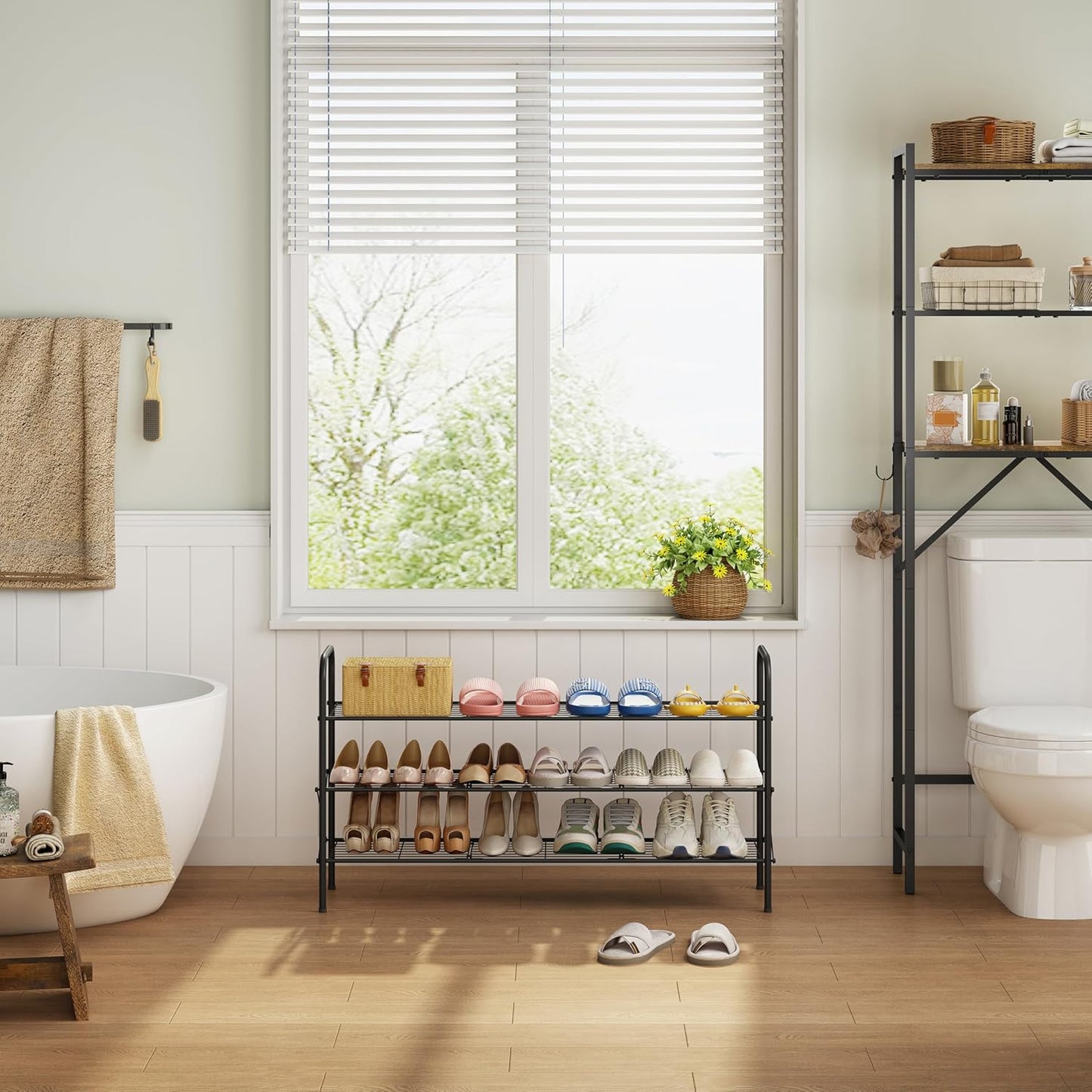 Hoctieon 3 Tier Mesh Style Shoe Rack, Entryway Shoe Shelf, Shoe Storage Organizer, Shoe Rack for Closet, Space Save for Bathroom, Garage, Hallway, Bedroom, Living Room, Black