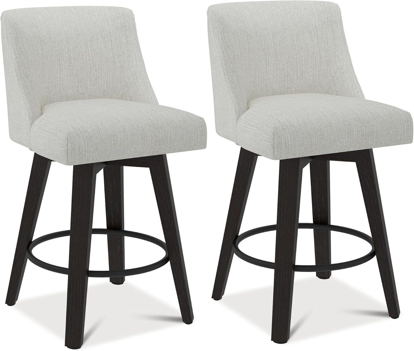 Counter Height Swivel Bar Stools Set of 2, 26" Seat Height Modern Bar Stools with Back and Solid Wood Legs for Kitchen Island, Fabric in Ivory White