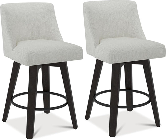 Counter Height Swivel Bar Stools Set of 2, 26" Seat Height Modern Bar Stools with Back and Solid Wood Legs for Kitchen Island, Fabric in Ivory White