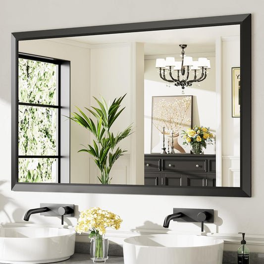55x36 Inch Black Bathroom Mirror for Wall, Thick Metal Framed Rectangle Mirrors for Over Sink, Bedroom, Living Room, Entryway, Anti-Rust, HD Tempered Glass
