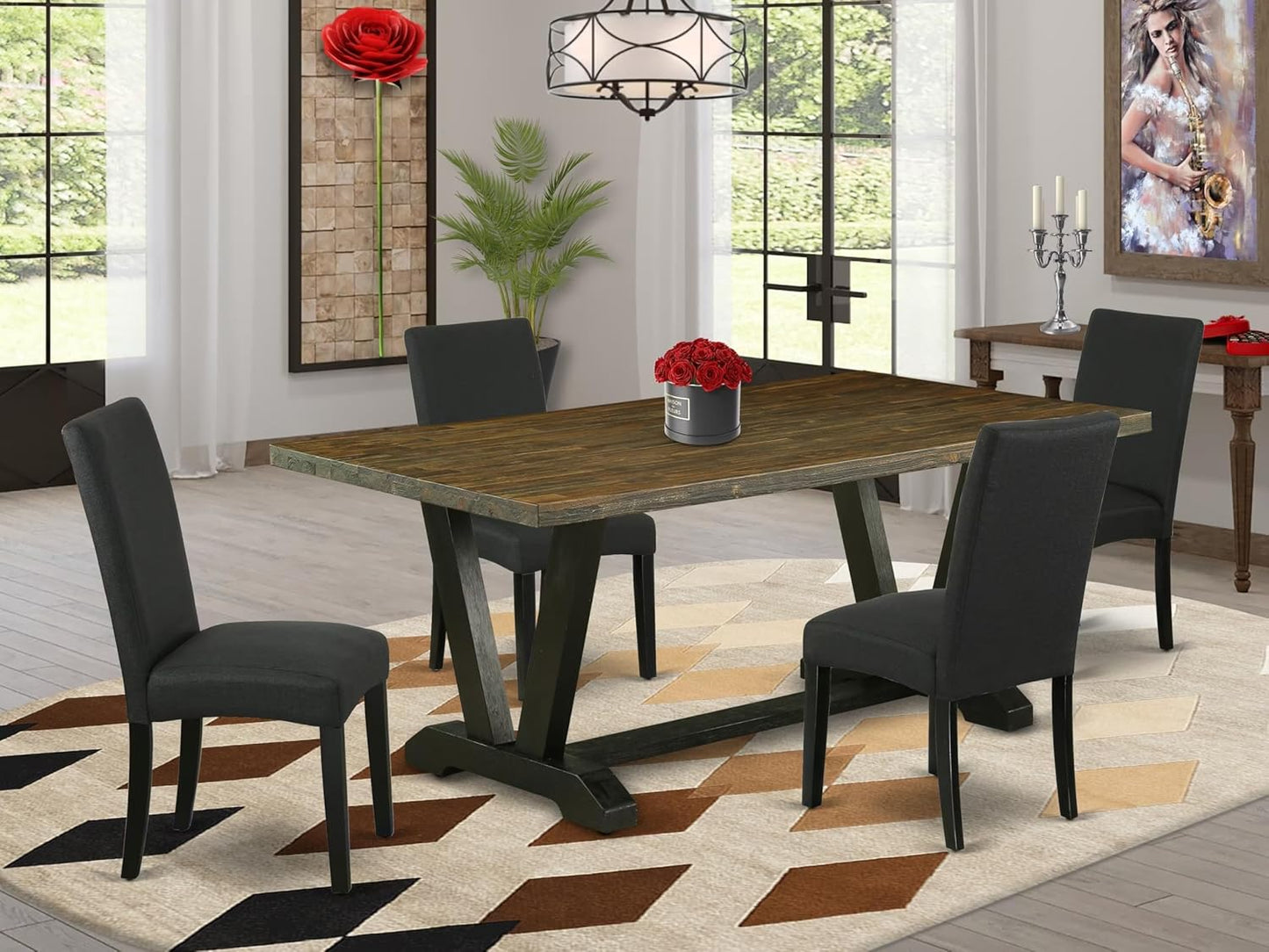 East West Furniture V677DR124-5 5 Piece Dining Room Table Set Includes a Rectangle Kitchen Table with V-Legs and 4 Black Color Linen Fabric Parson Dining Chairs, 40x72 Inch, Multi-Color