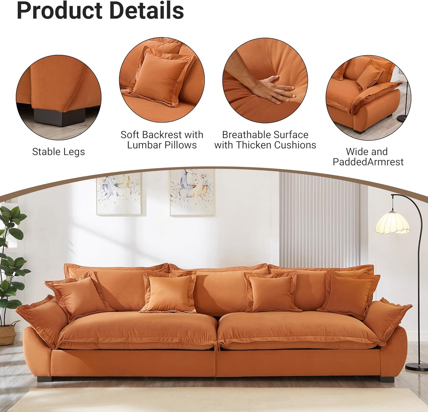 126 Inch Sailing Design Modular Sectional Cloud Sofa with Storage, Modern Deep Seat Couch w/Throw Pillows & Removable Backrest for Living Room Bedroom Apartment,Orange