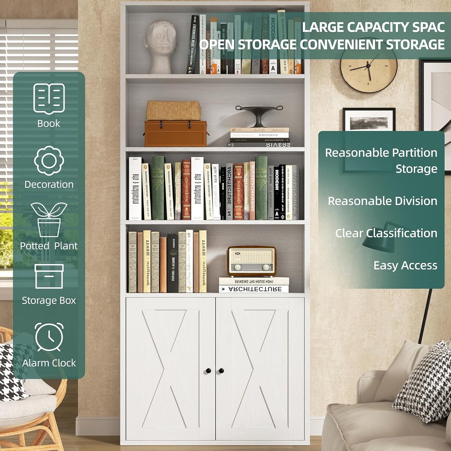 Shintenchi Bookshelf, Industrial Bookshelves and Bookcases with Doors Floor Standing 6 Shelf Display Storage Shelves 70.6 inches Tall Bookcase for Home Office, Living Room (White)