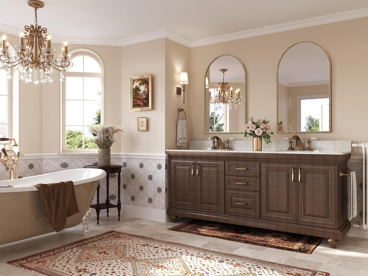 Beaded Arched Mirror for Wall, 24"x38" Gold Arch Bathroom Vanity Mirror, Retro Brass Metal Frame Decorative Mirror for Bedroom Dressing Room Entryway Fireplace