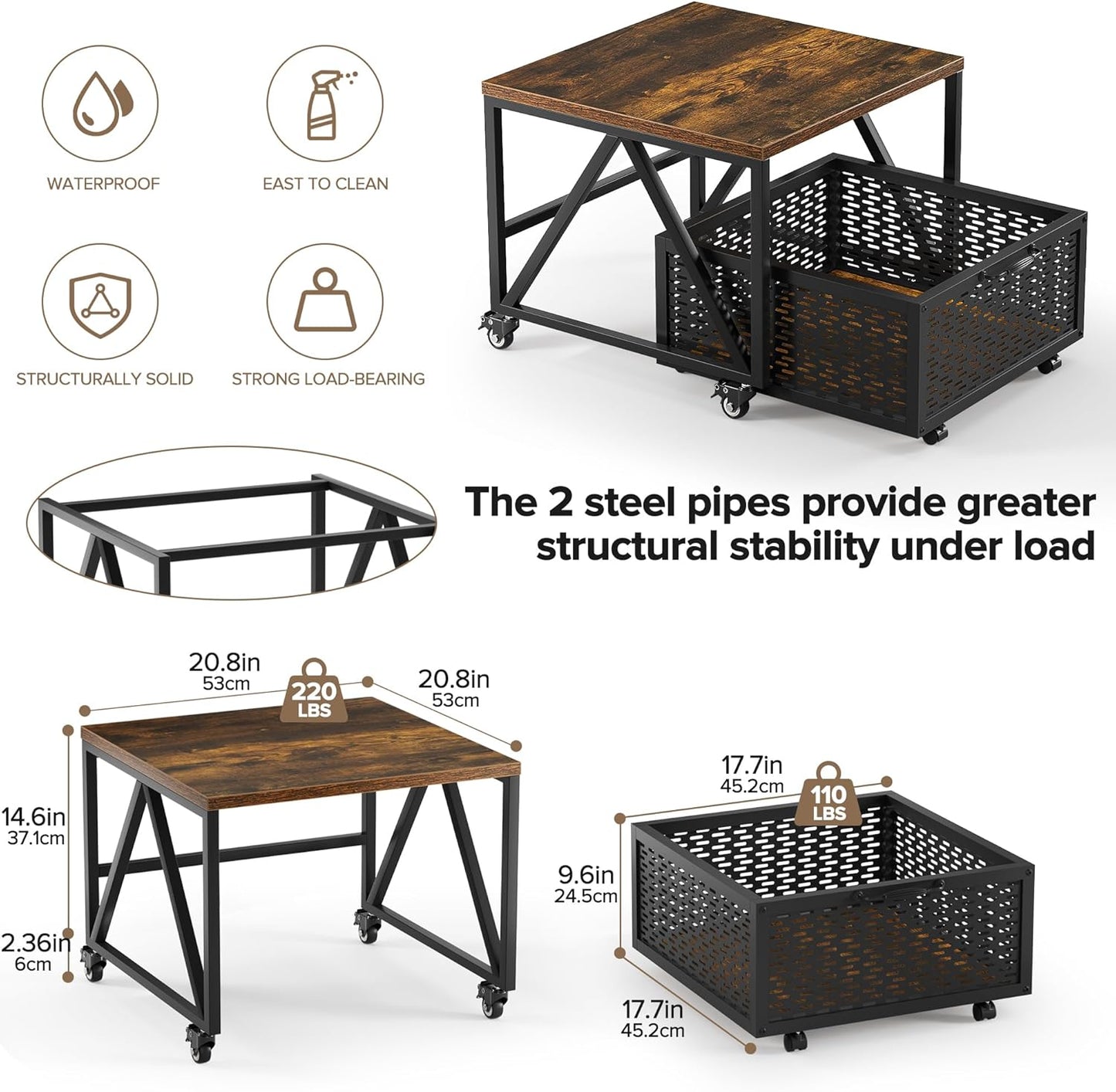Urban Deco Mini Fridge Stand with Storage, Heavy Duty Fridge Cart with Drawer Basket, Mini Refrigerator Table for 220 LBS, Mobile Fridge Stand with Swivel Wheels for Dorm,Office,Home,Retro Brown