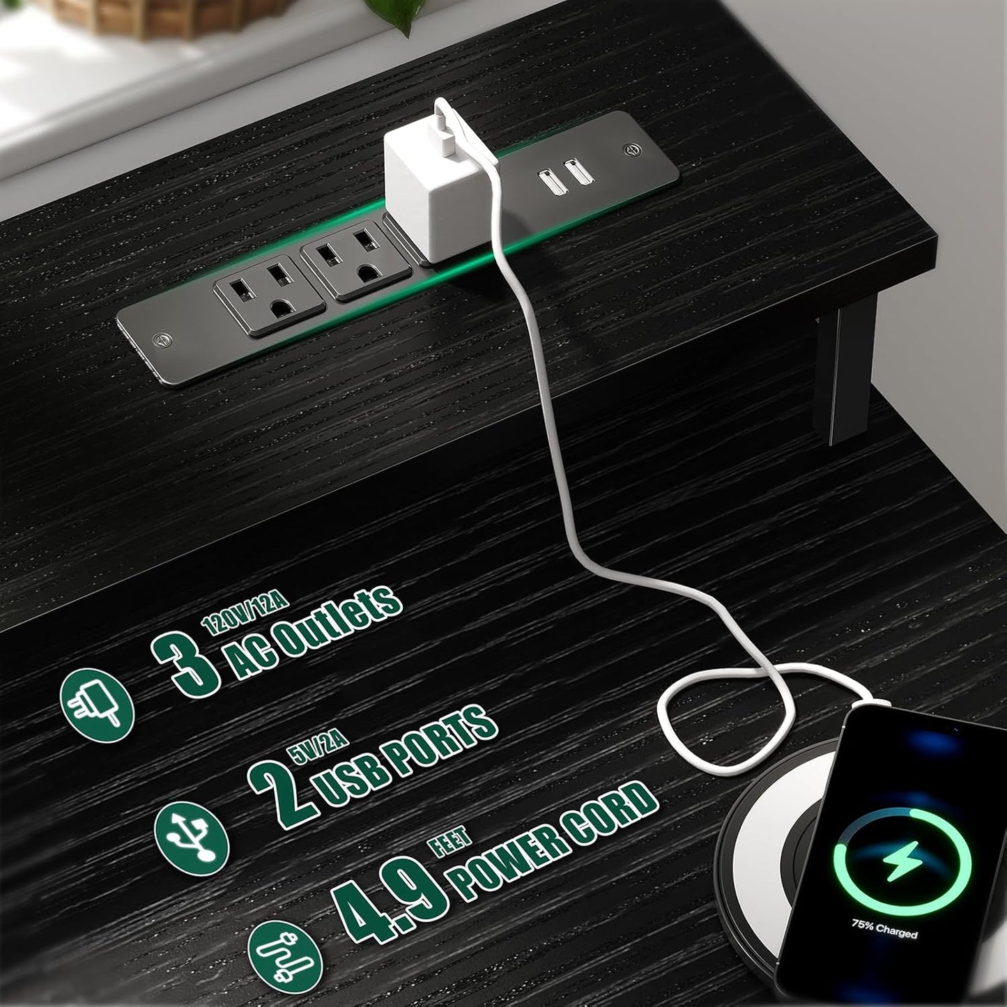 55 Inch Computer Gaming Desk with Power Outlets LED Lights, Reversible Home Office Desk with Adjustable Fabric Drawers for Working Writing Study, Black Oak