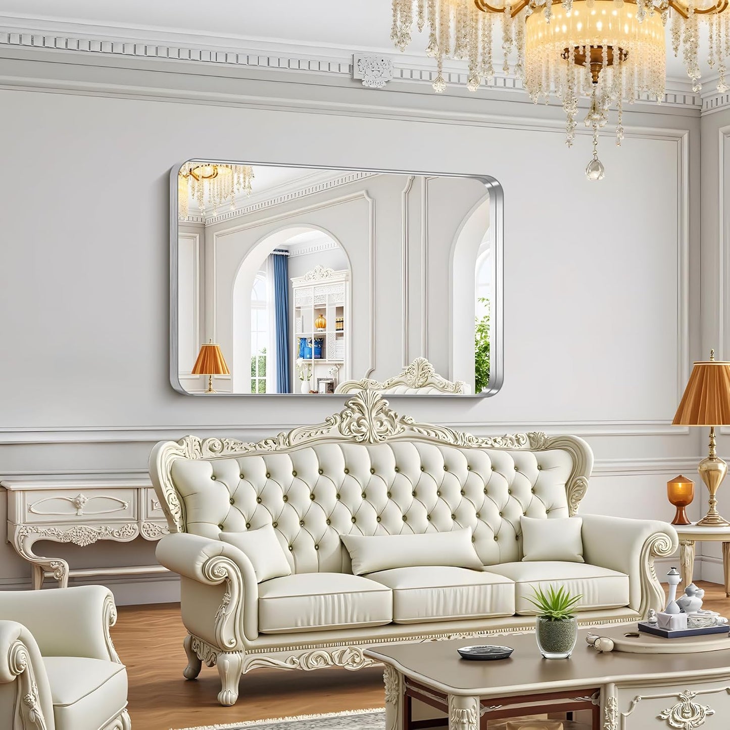 FORBATH 55x36 Inch Large Bathroom Mirror for Double Sinks, Brushed Silver Deep Frame Wall Mirror with Rounded Corners, Anti-Rust Tempered Glass for Modern Farmhouse Vanity (Horizontal/Vertical)