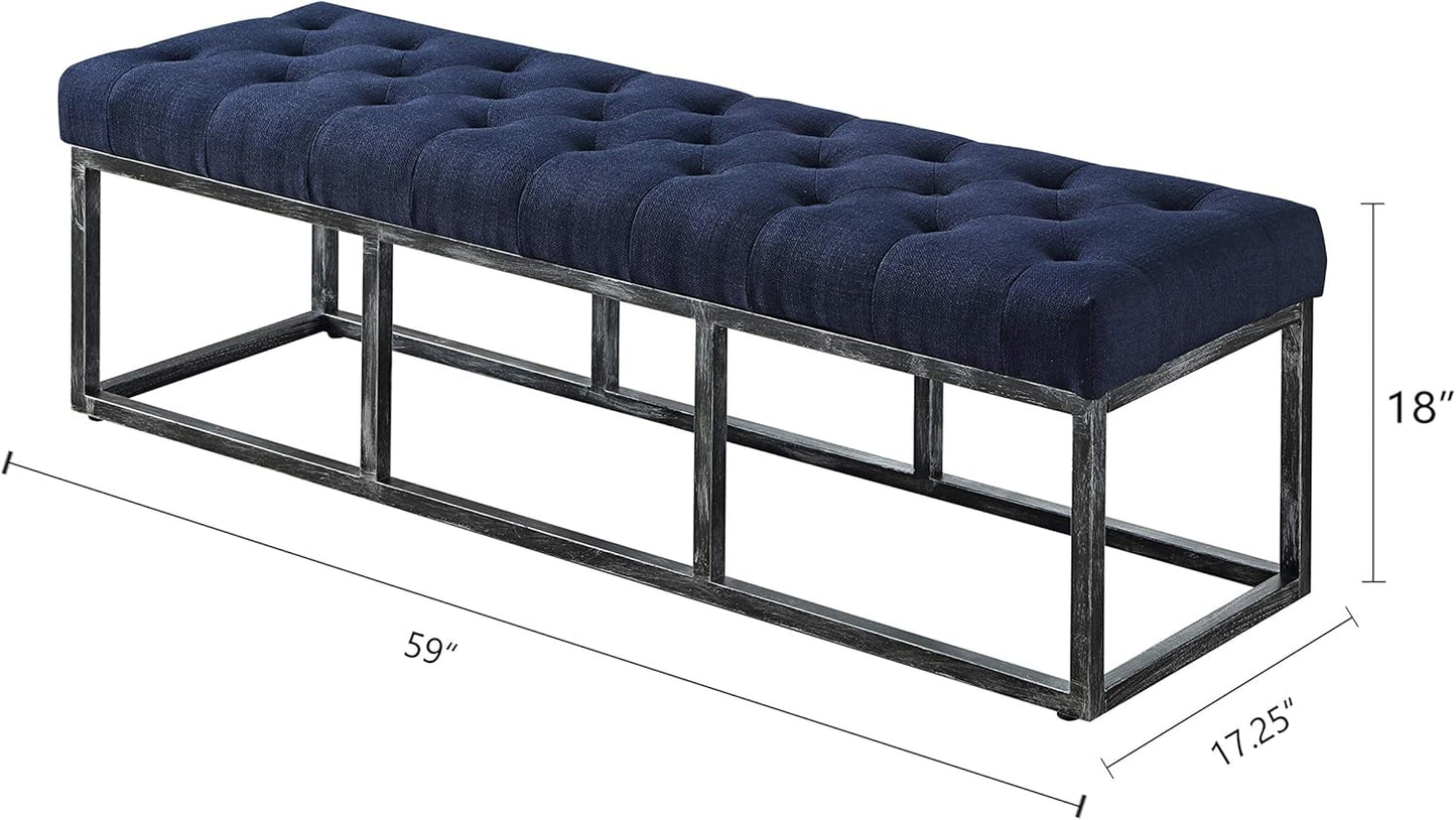 24KF Upholstered Tufted Long Bench Seats with Metal Frame Leg, Linen Bench Ottoman with Padded Seat-Navy Blue