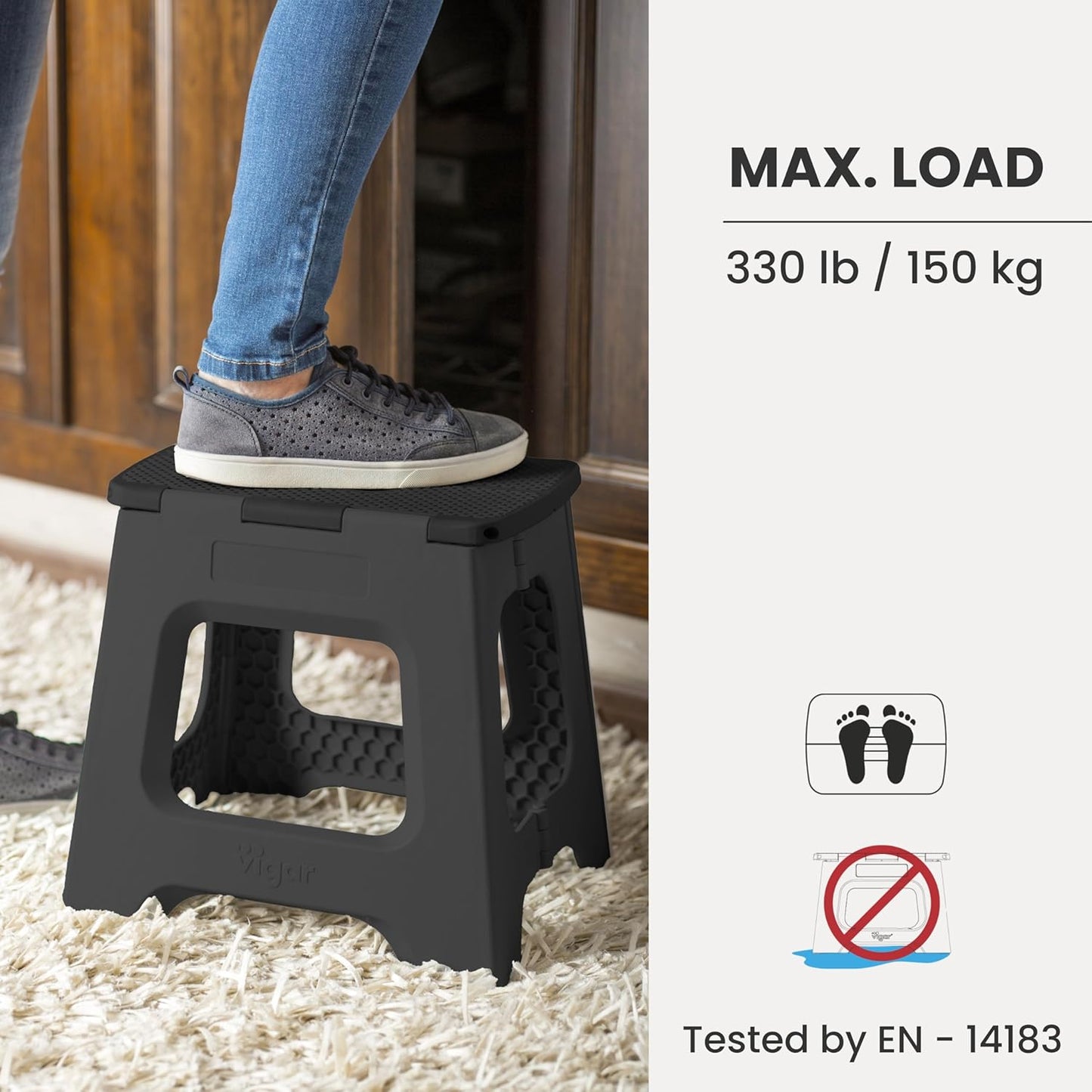 Vigar Compact Step Stool Foldable, 9-inch Step Stools for Adults up to 330 Pound, Lightweight Stool, Non-Slip Folding Step Stool, Black