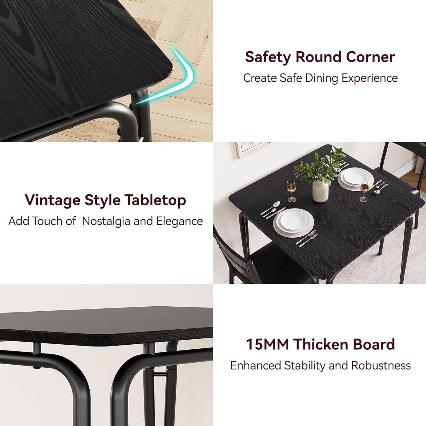 Dining Table for 2, Small Table and Chairs Set of 2, Square Dinette Set for 2, 3 Piece Kitchen & Dining Room Sets for Small Space (Black, Table with 2 Upholstered Chairs)