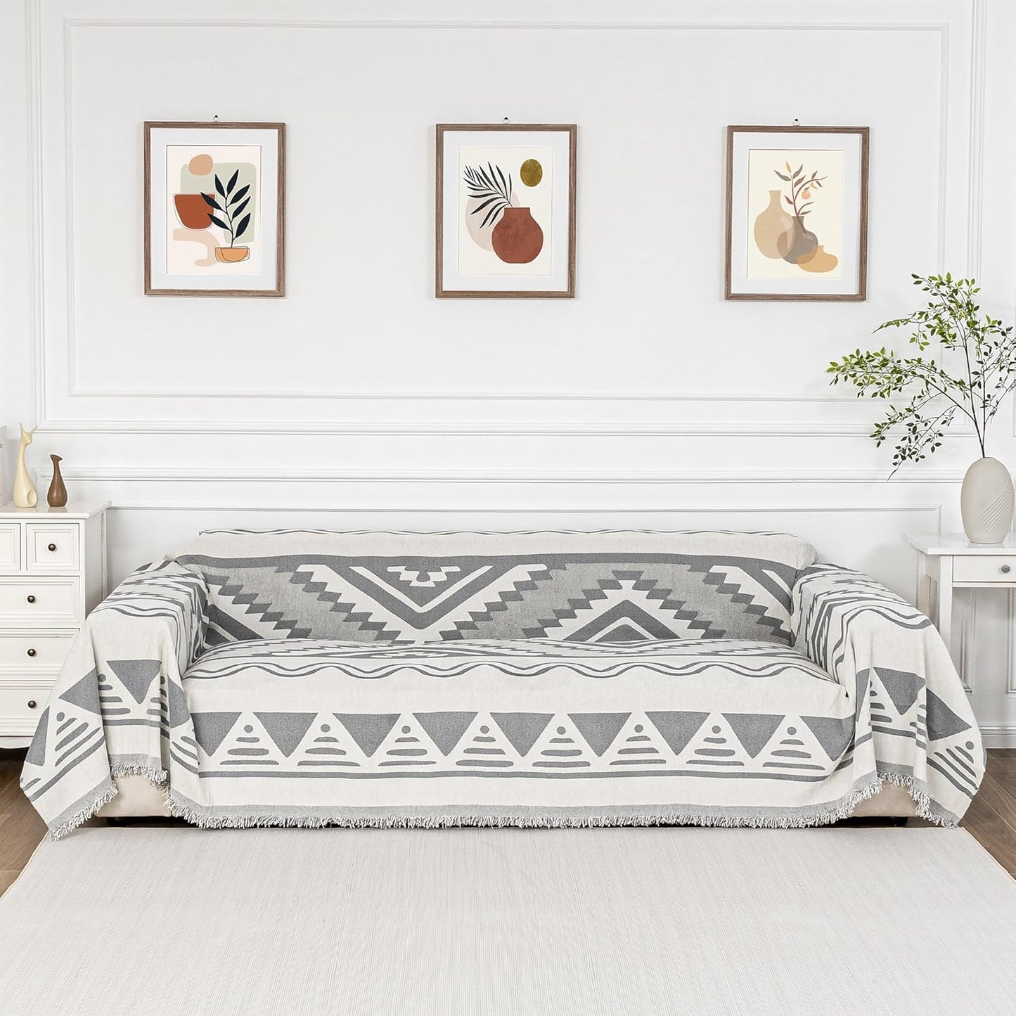 MYSKY HOME Sectional Couch Cover Grey Boho Geometric Sofa Covers for Sectional Sofa L Shape Chenille Couch Protector for Dogs Pets Couch Throw Cover Washable Durable for Home Decor, 71" X118"