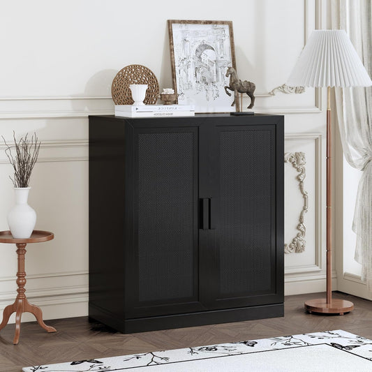 Buffet Cabinet, 2-Doors Sideboard Cabinet with Rattan Panels, Buffet Console Accent Table for Hallway Entryway Dining Room, 36", Black
