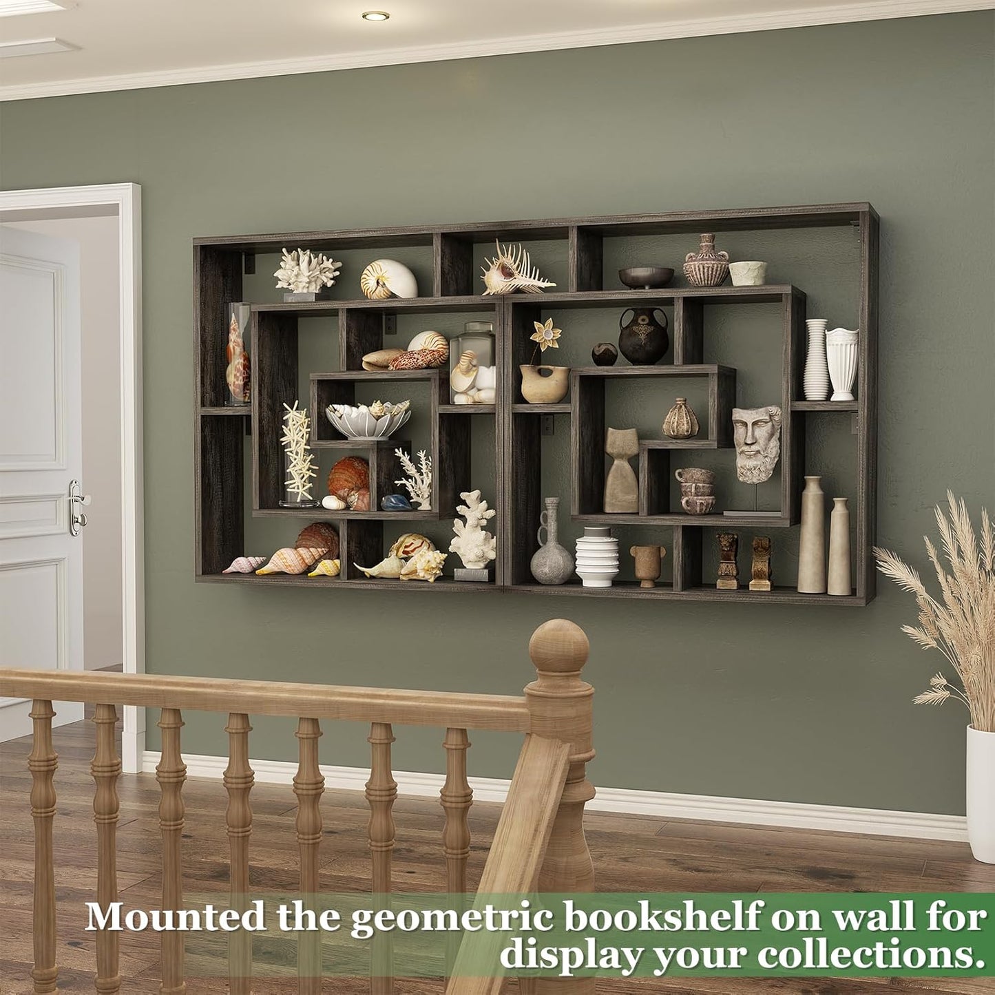 armocity 6 Tier Display Book Shelf Wall Mounted Bookshelf Freestanding Geometric Bookcase Floating Book Shelves for Wall Bedroom Living Room Home Office, 45.5"(W) * 47"(H), Grey Oak