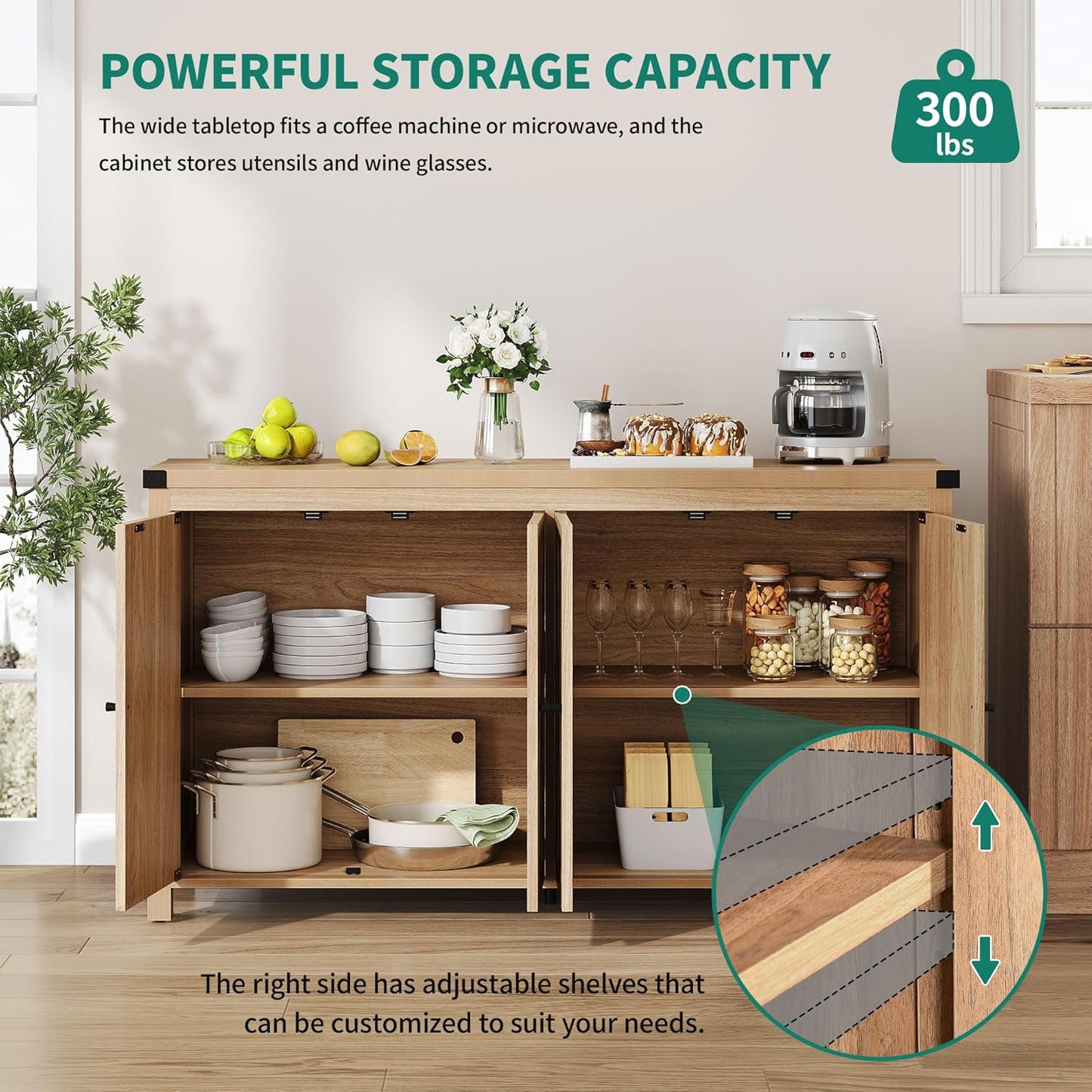 YITAHOME 55'' Sideboard Buffet Cabinet with Storage, Farmhouse Large Coffee Bar Cabinet with Adjustable Shelf for Kitchen, Living Room, Oak