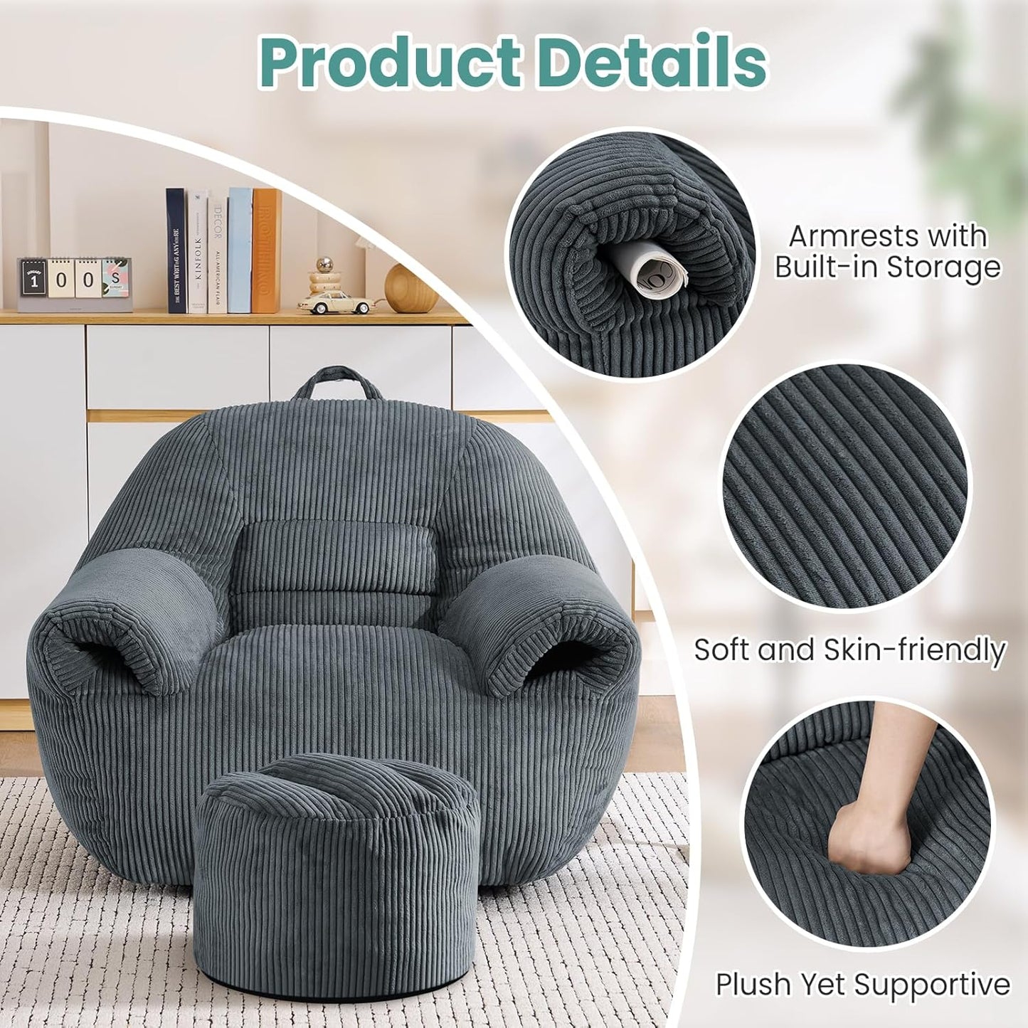DAICO Bean Bag Chairs for Adults Beanbag Sofa with Ottoman Comfy Accent Chair with Armrests Corduroy Couch with Foam Single Lazy Sofas for Living Room Reading Bedroom Gaming Office Dark Gray