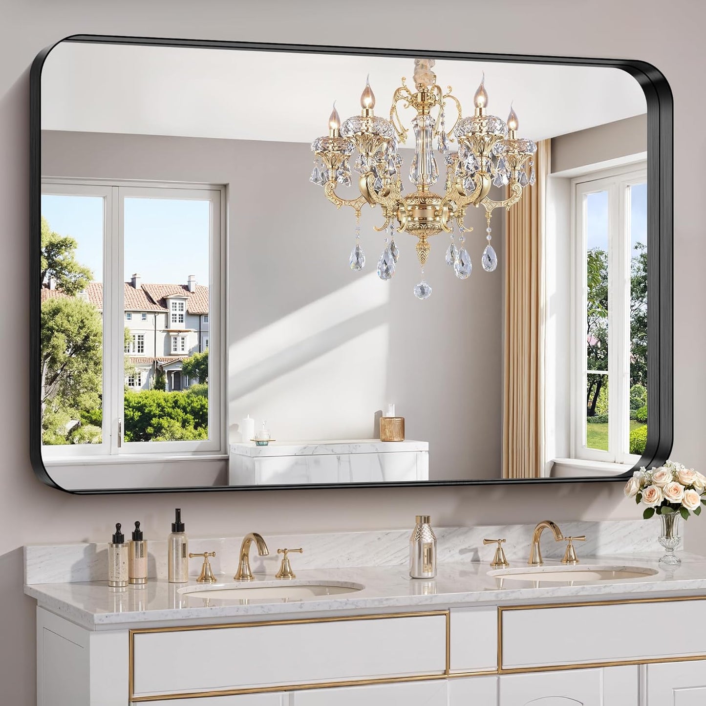 FORBATH 60x40 Inch Large Bathroom Mirror for Double Sinks, Brushed Black Deep Frame Wall Mirror with Rounded Corners, Anti-Rust Tempered Glass for Modern Farmhouse Vanity (Horizontal/Vertical)