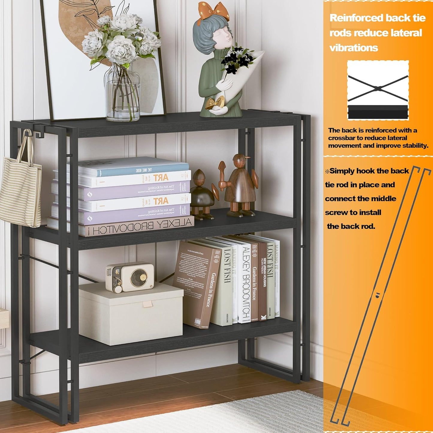 HCHQHS Bookshelf, 3-Tier Industrial Bookcase, Black Open Book Shelf, Freestanding Horizontal Bookshelves with Metal Frame