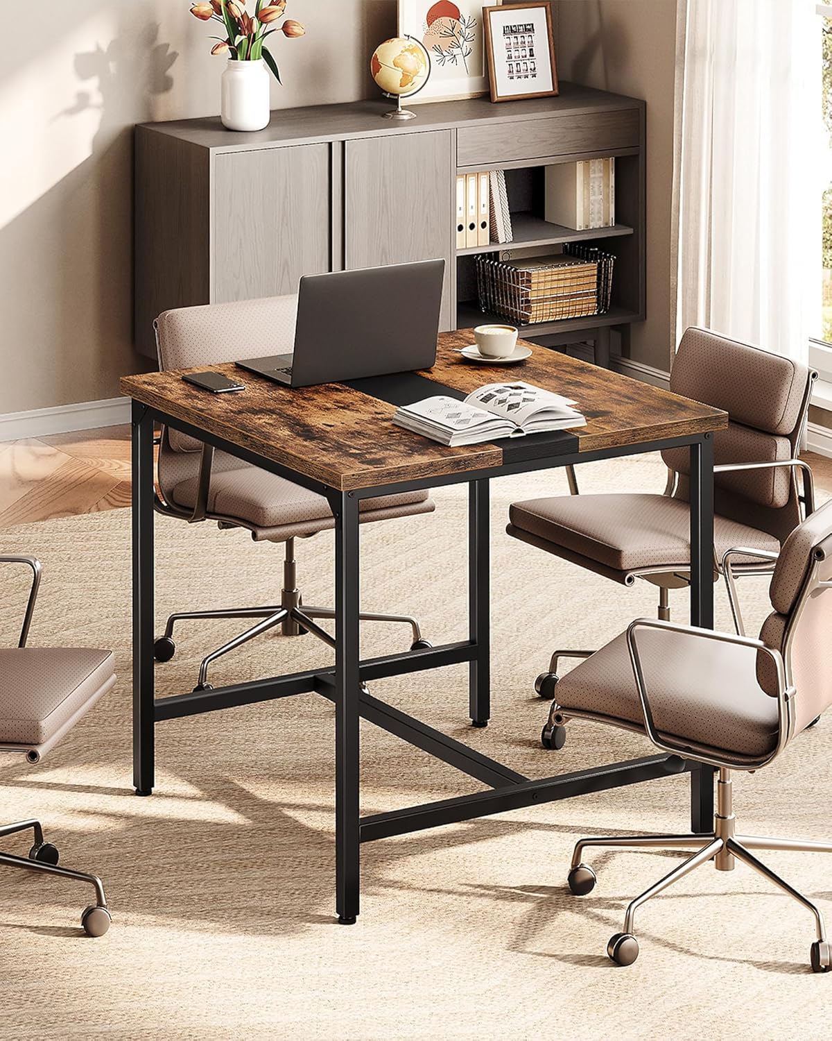 Square Kitchen Dining Table, 29.5'' Dining Table, Small Dining Tables, Writing Desk, Coffee Tables, for Restaurant, Living Room, Apartment, Rustic Brown and Black TCZ02BF