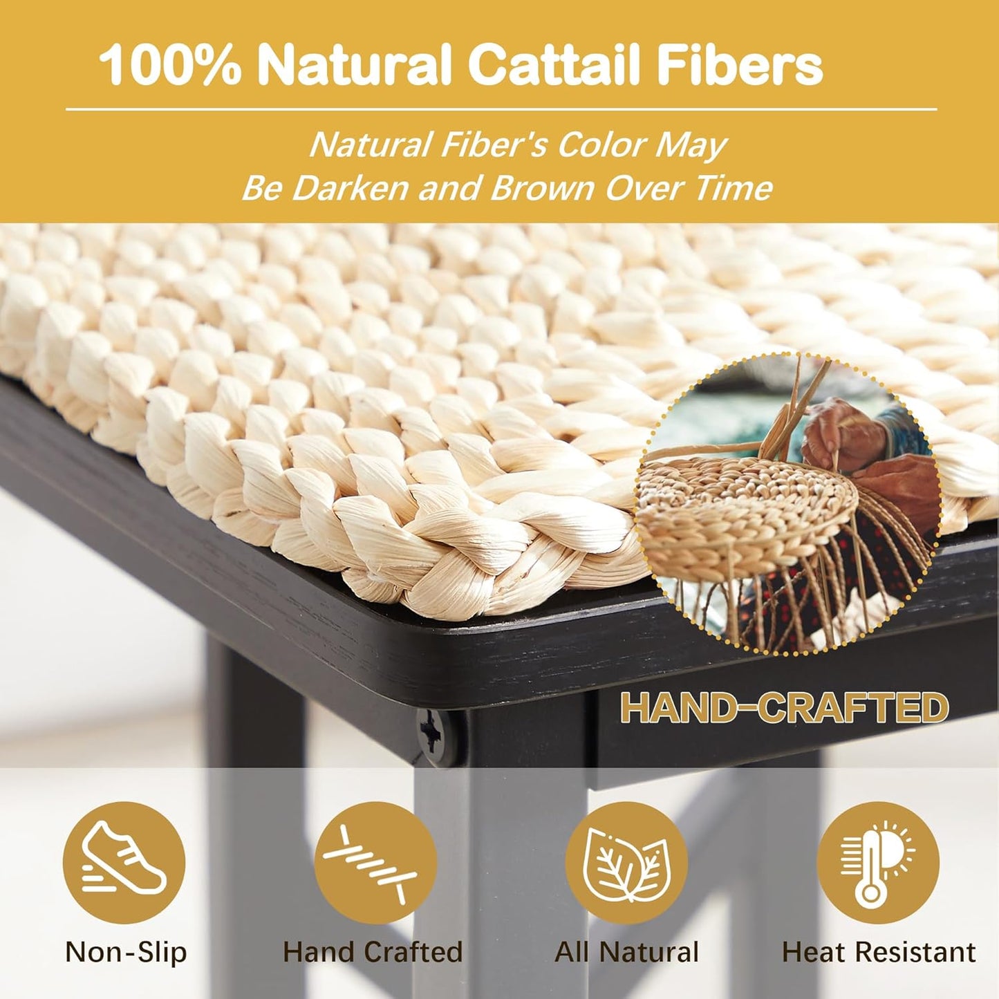 VECELO 43.3" Dining Table Sets, Farmhouse Small Kitchen Table for 4 with 2 Benches Wicker Mats,Metal Frame Space-Saving Adjustable Feets Coffee Table for Home Kitchen Dining, Pitch Black