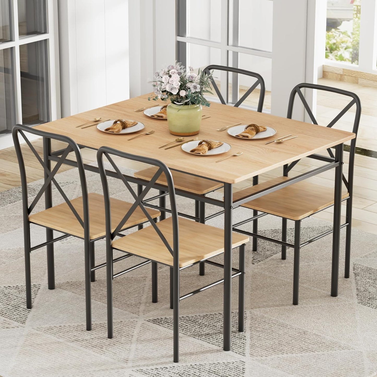 VECELO 5-Piece Kitchen Dining Table Set, Wood Tabletop & Heavy-Duty Metel Frame, Rectangle Dinette with 4 Chairs for Small Space, Breakfast Nook, Natural & Black