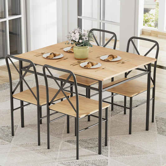 VECELO 5-Piece Kitchen Dining Table Set, Wood Tabletop & Heavy-Duty Metel Frame, Rectangle Dinette with 4 Chairs for Small Space, Breakfast Nook, Natural & Black