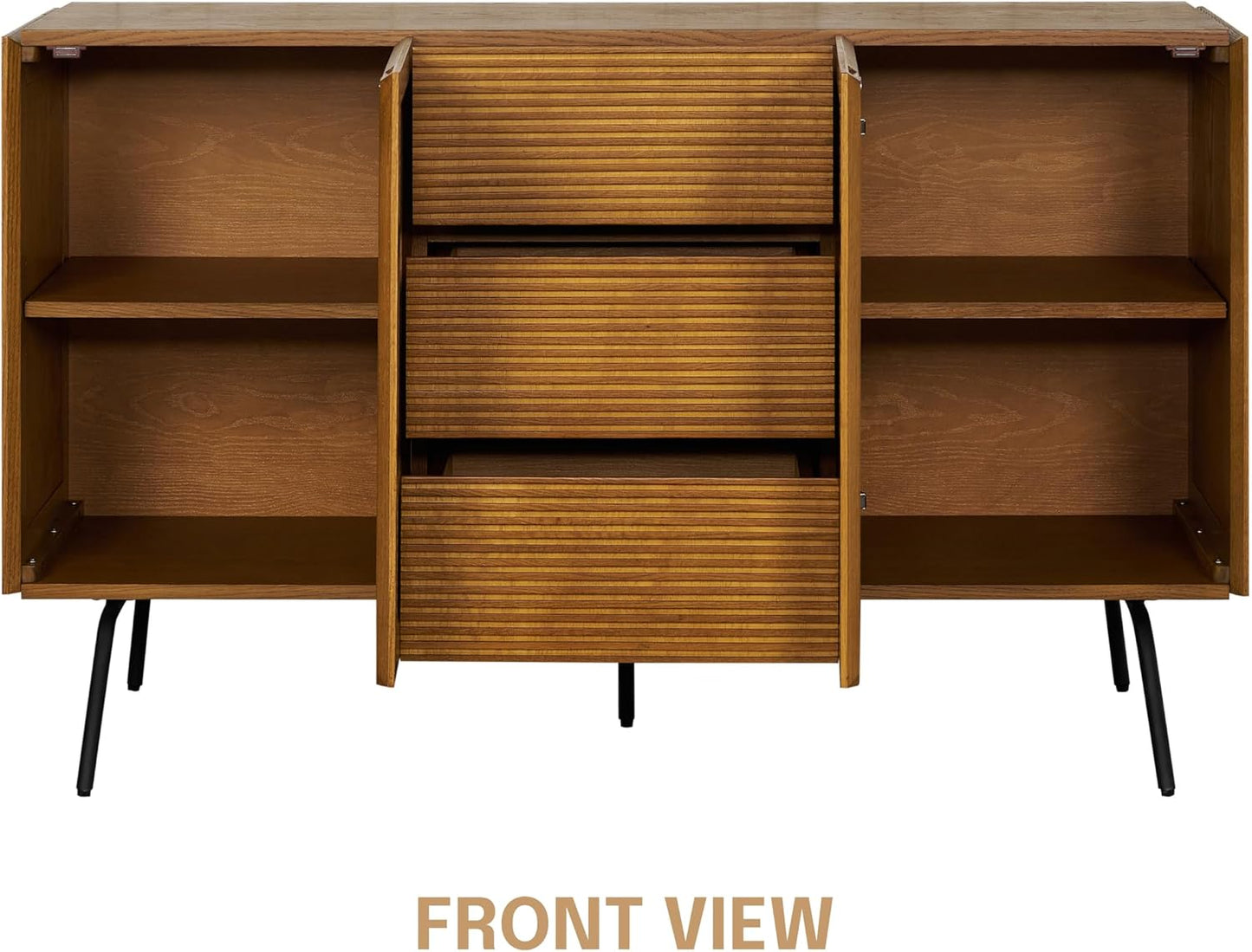 NTC MOSSIC Sideboard with 2 Doors and 3 Drawers, Buffet Cabinet with Natural Rattan and Metal Legs, Modern Storage Cabinet for Living Room, and Hallway, Effortless Assembly - Rustic Oak