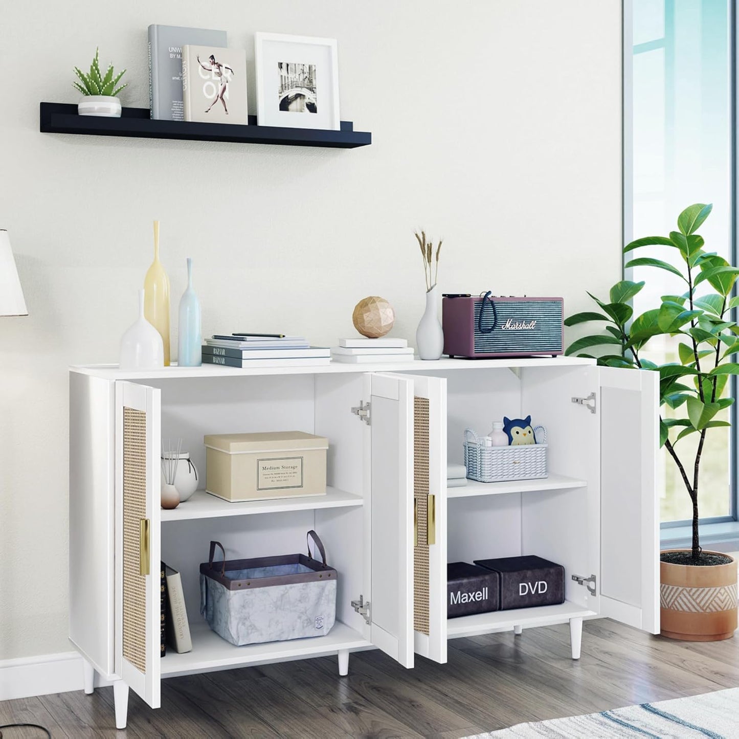 Buffet Sideboard,Kitchen Storage Cabinet with 4 Rattan Decorated Doors,Coffee Bar Cabinet with Adjustable Shelves for Living Room,Hallway,White