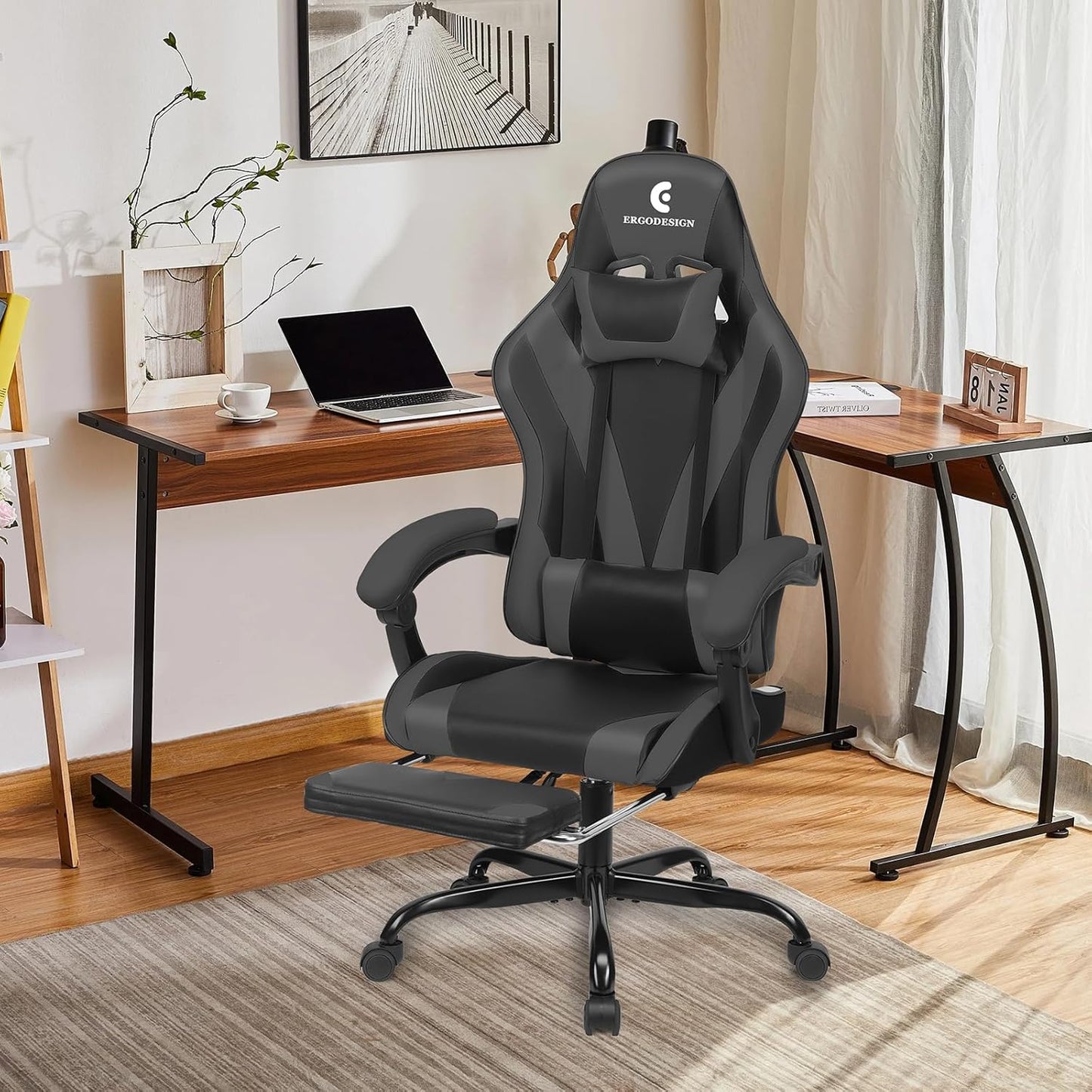 Gaming Chair with Linkage Armrest & Footrest, High Back Video Gaming Chair, Black/Grey