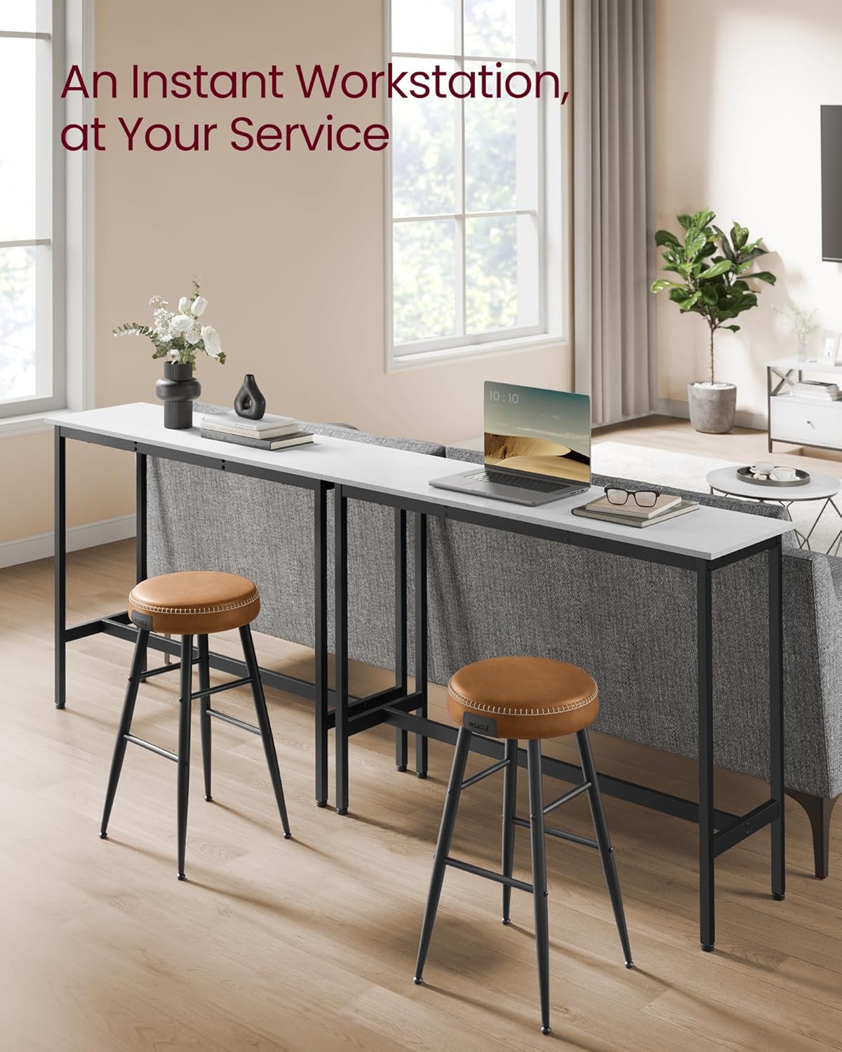 VASAGLE Bar Table, Narrow Long Kitchen Dining Table, Sturdy Metal Frame, Industrial, 15.7 x 47.2 x 35.4 Inches, Rustic White and Ink Black ULBT120B73