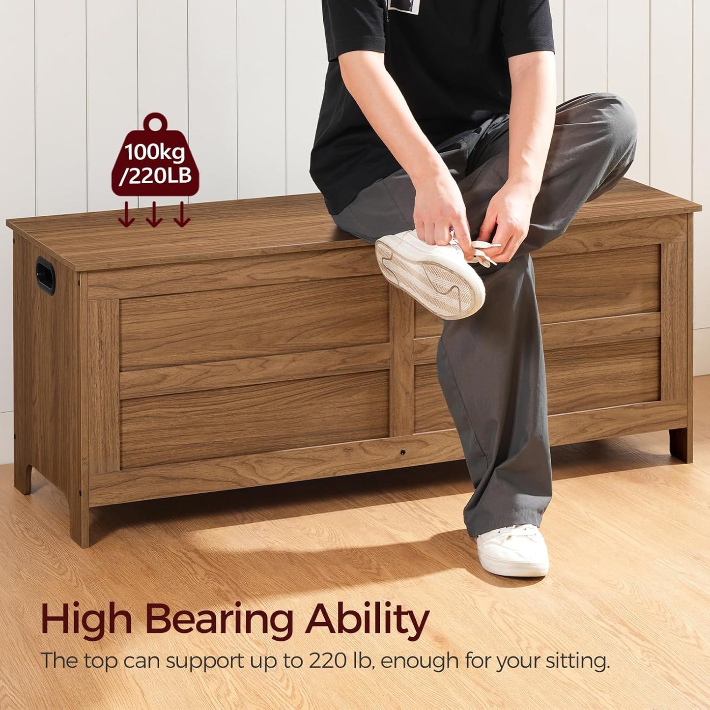 Storage Chest, 47.2” Large Toy Chest, Entryway Storage Trunk, Storage Bench with Safety Hinge, Entrance Bench for Living Room, Entrance, Bedroom, Honey Brown SCOR48901