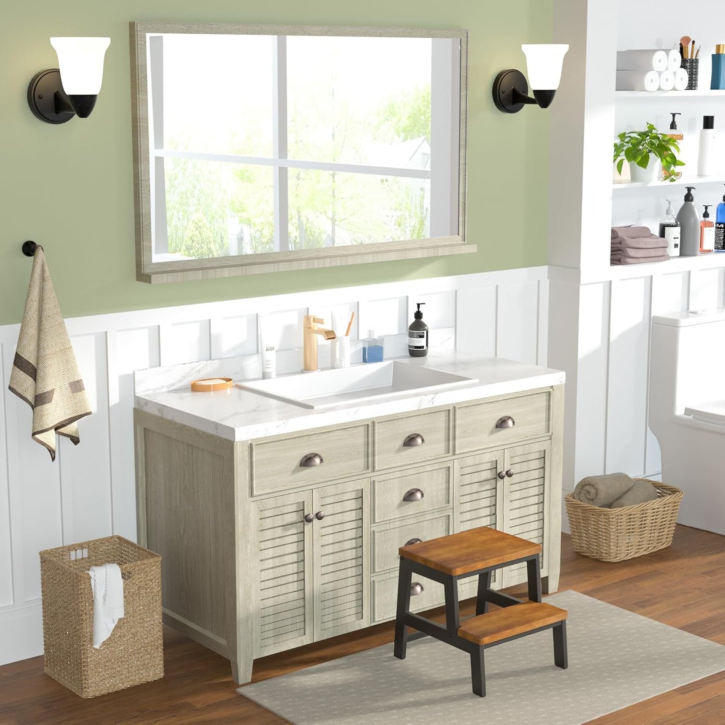 2 Step Wooden Step Stools for Adults Non-Slip, Sturdy Bed Steps for High Beds Easy Assembly, Portable Two Step Stool for Kitchen Bathroom Bedroom - Holds Up to 500 Lb