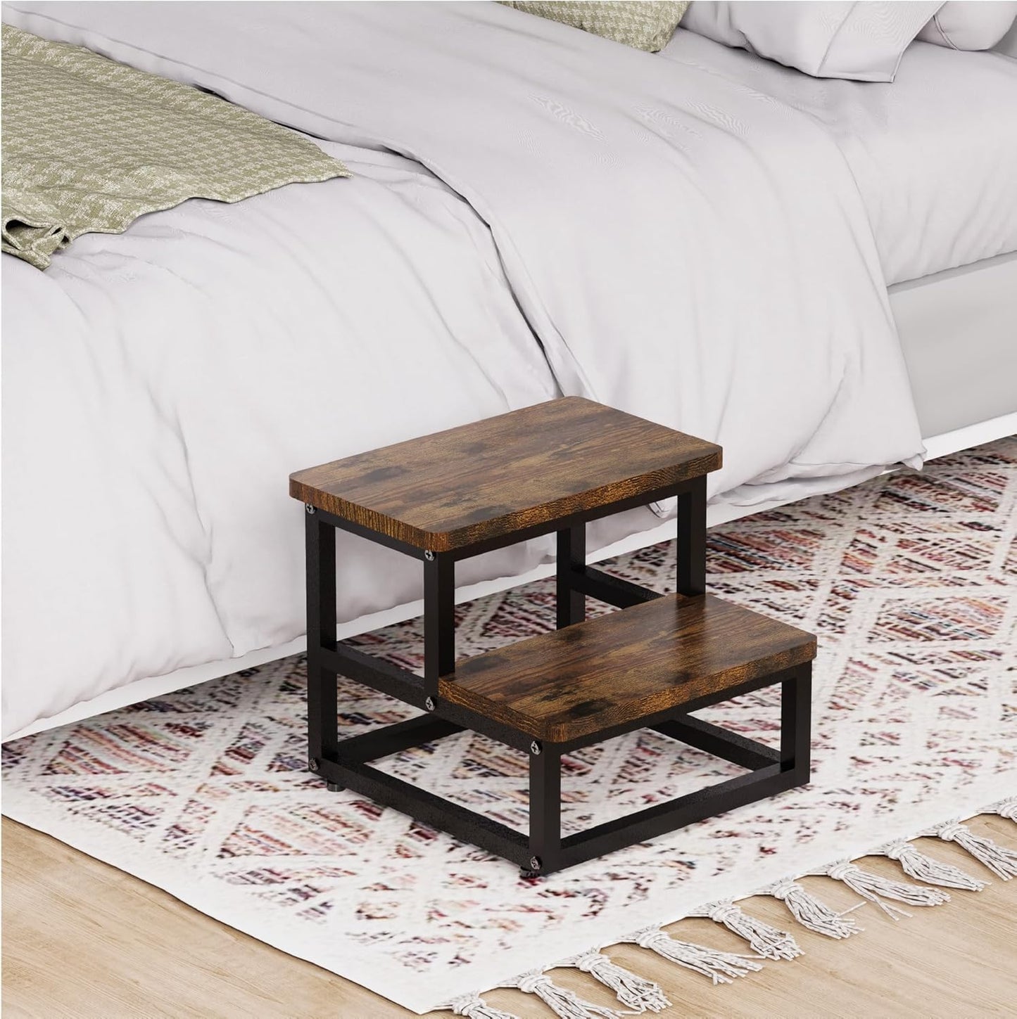 Step Stool, Multi Purpose Step Stools for Kids Adults, Round Corner Bed Step Stools for High Beds, Dog Steps Portable Stepping Stool for Bedroom Kitchen, Load 500 LB, Rustic