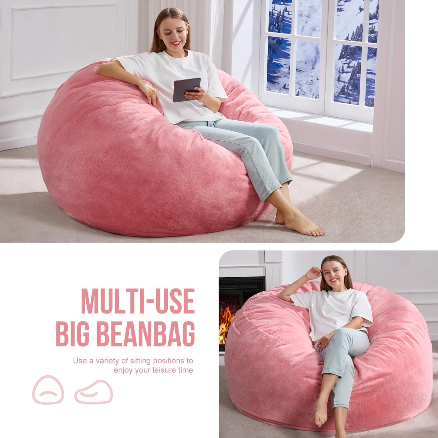 Hobestluk 5ft Bean Bag Chairs for Adults Large Beanbag Chair with Plush Faux Fur Cover Big Bean Bag Chair for Living Room Bedroom Dorm Office - Pink (50” x 50” x 24”)