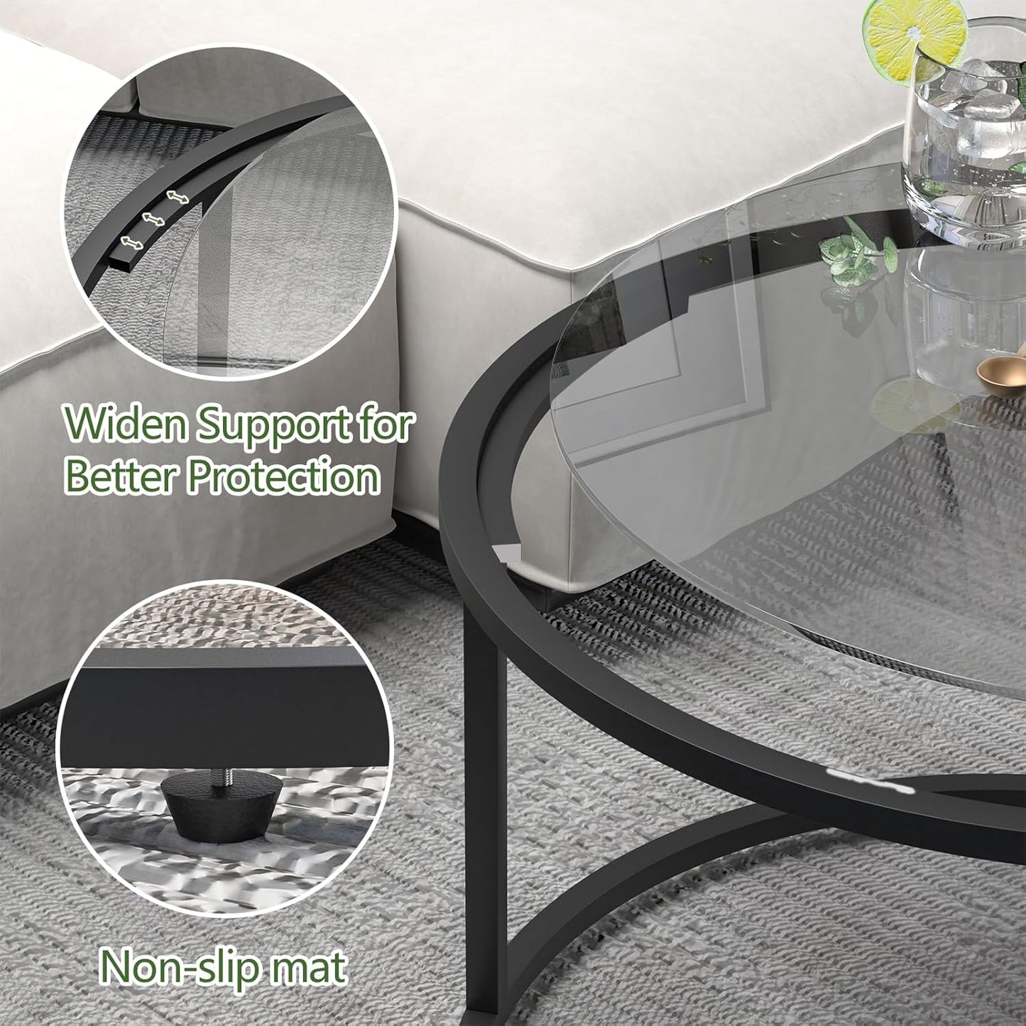 Round Coffee Table,Small Black Coffee Table for Living Room,27" Modern Center Table,Glass Top Clear Coffee Table with Sturdy Metal Frame for for Living Room Home Office, Easy Assembly,Black