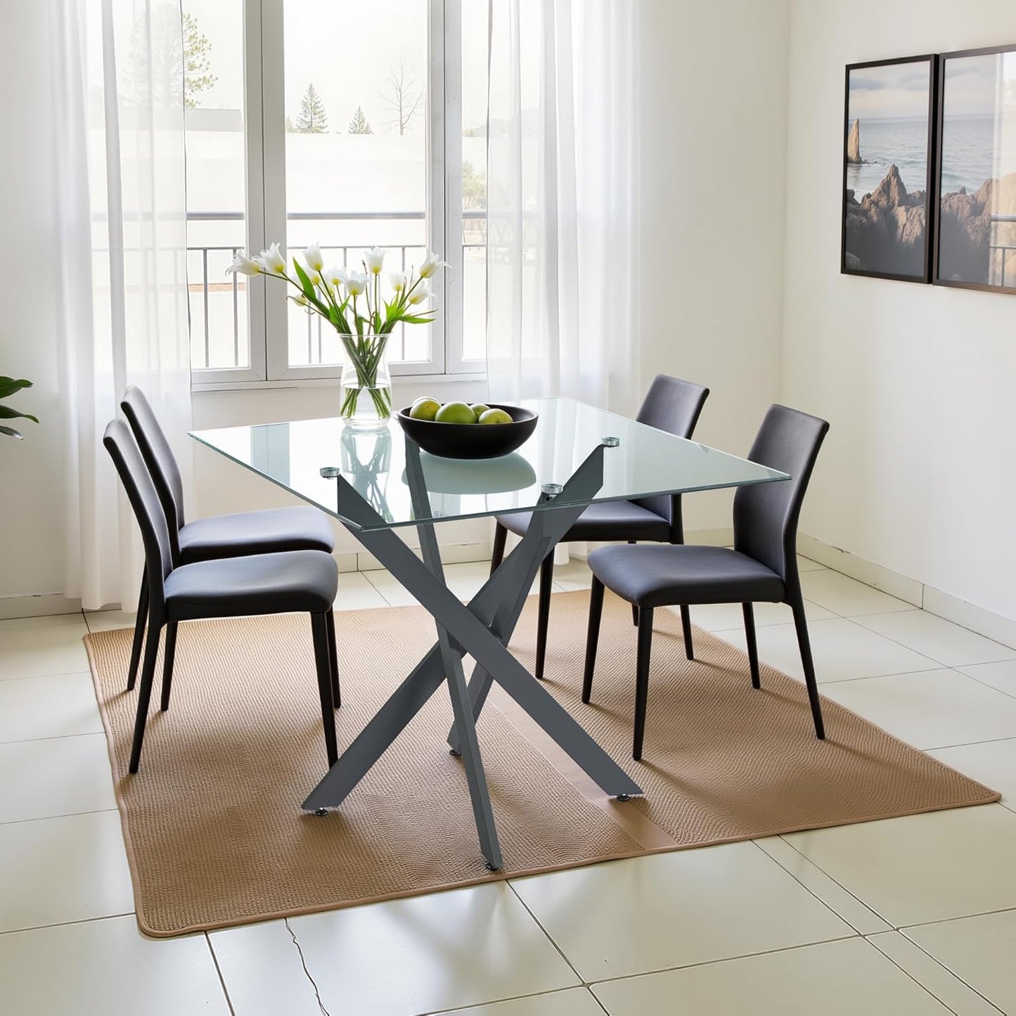 Dining Table for 4 Modern 35.43" Rectangular Glass Dining Table Kitchen & Dining Room Tables with Metal Base for Dining Room and Apartment, Black