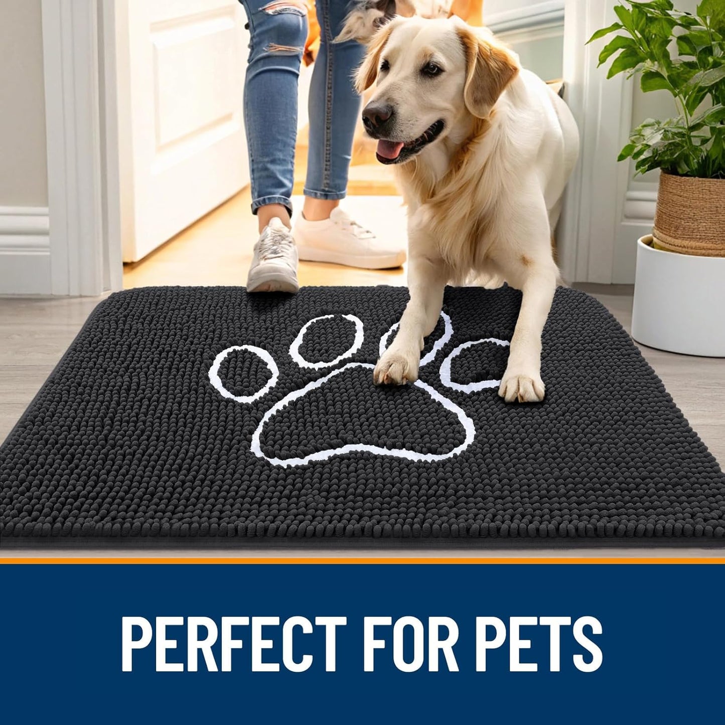 OLANLY Door Mat for Muddy Dog Paws 48x30, Ultra Absorbent Chenille Mud Doormat with Paw Print Design, Non-Slip Washable Doormat for Indoor Entryway, Quick-Dry Pet Bed Mats for Dirty Dogs, Dark Grey